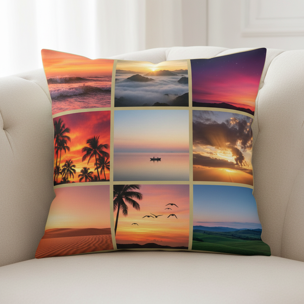 9 panel pillow with different sunset and sunrise pictures